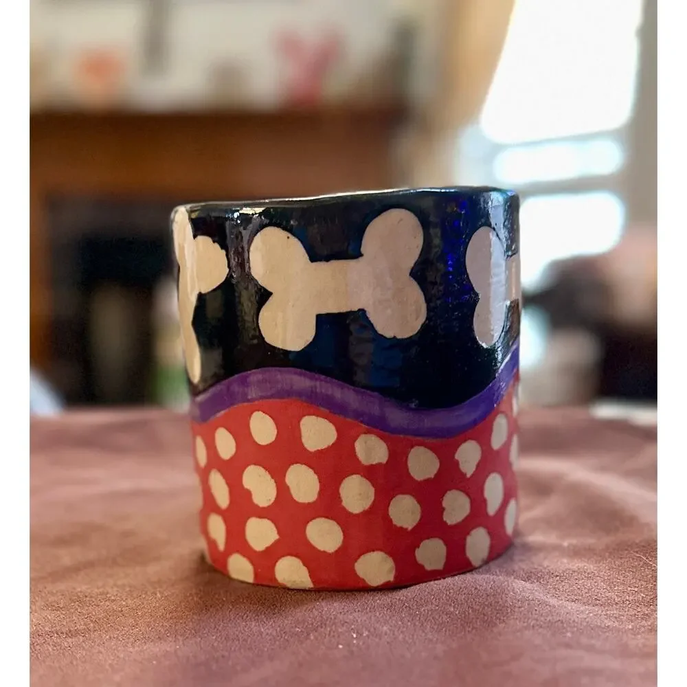 Hand Painted Pottery Stoneware Mug Cup Dog Bone & Polka Dot Signed MMB By Artist